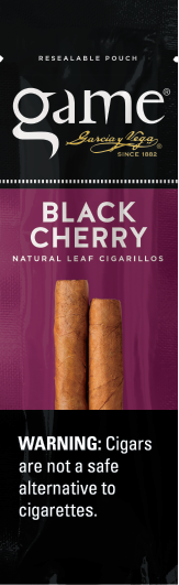 A two stick pouch of Black Cherry flavor Game cigarillos.