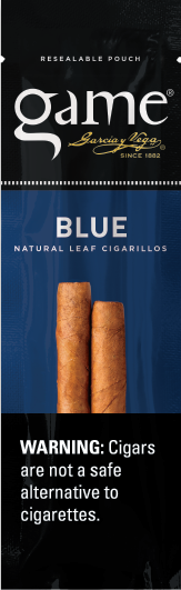 A two stick pouch of Blue flavor Game cigarillos.