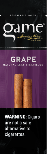 A two stick pouch of Grape flavor Game cigarillos.