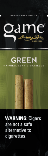 A two stick pouch of Green flavor Game cigarillos.