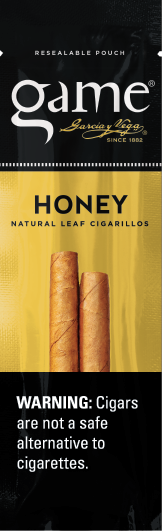 A two stick pouch of Honey flavor Game cigarillos.