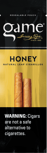 A two stick pouch of Honey flavor Game cigarillos.