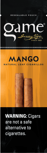 A two stick pouch of Mango flavor Game cigarillos.