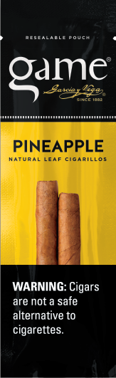 A two stick pouch of Pineapple flavor Game cigarillos.