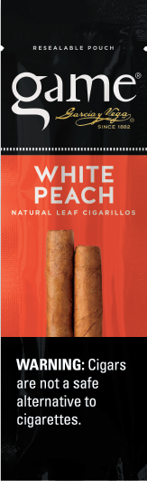 A two stick pouch of White Peach flavor Game cigarillos.
