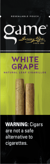 A two stick pouch of White Grape flavor Game cigarillos.