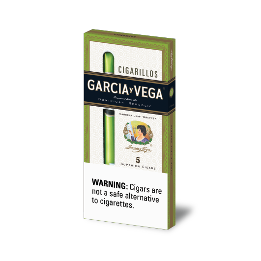 A box of five small Garcia y Vegas cigarillos.